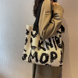 Large Capacity Knitted Tote Bag Stylish Knitting Letter Handbag ,for Women Daily Shoulder Purse Use Work, Outdoor, Travel 1