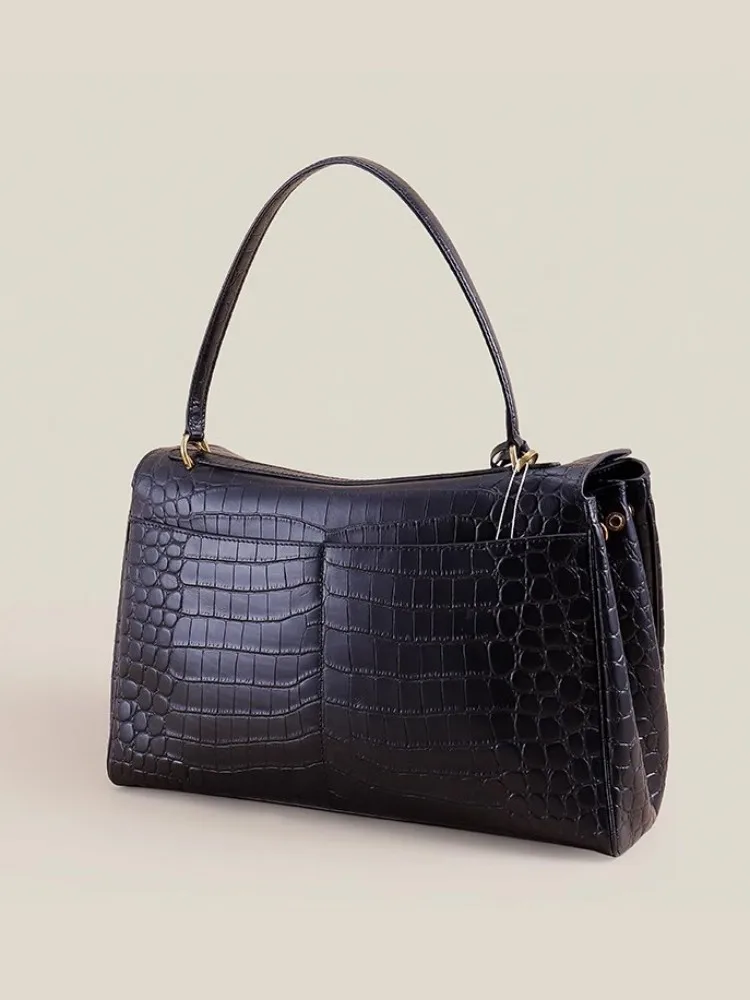 Office Ladies Elegant Black Single Shoulder Bag Cowskin Genuine Leathe Tote Handbag Hasp Designer Fashion Women Messenger Bag 5