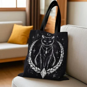 1pc Stylish Black Cat & Crescent Moon Tote Bag – High-Quality Shoulder Handbag with Starry Night Design 1