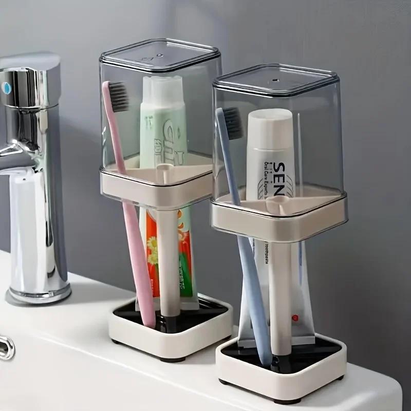 1 Toothbrush Holder with Mouthwash Cup, Couple Toothbrush Organizer Storage Box, Minimalist Bathroom Mug Set, Dust Drainage 2
