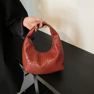 Women Classic Fashion Woven Embossed Hobo Soft PU Leather Small Top-handle Shoulder Bag Casual Daily Handbags 1