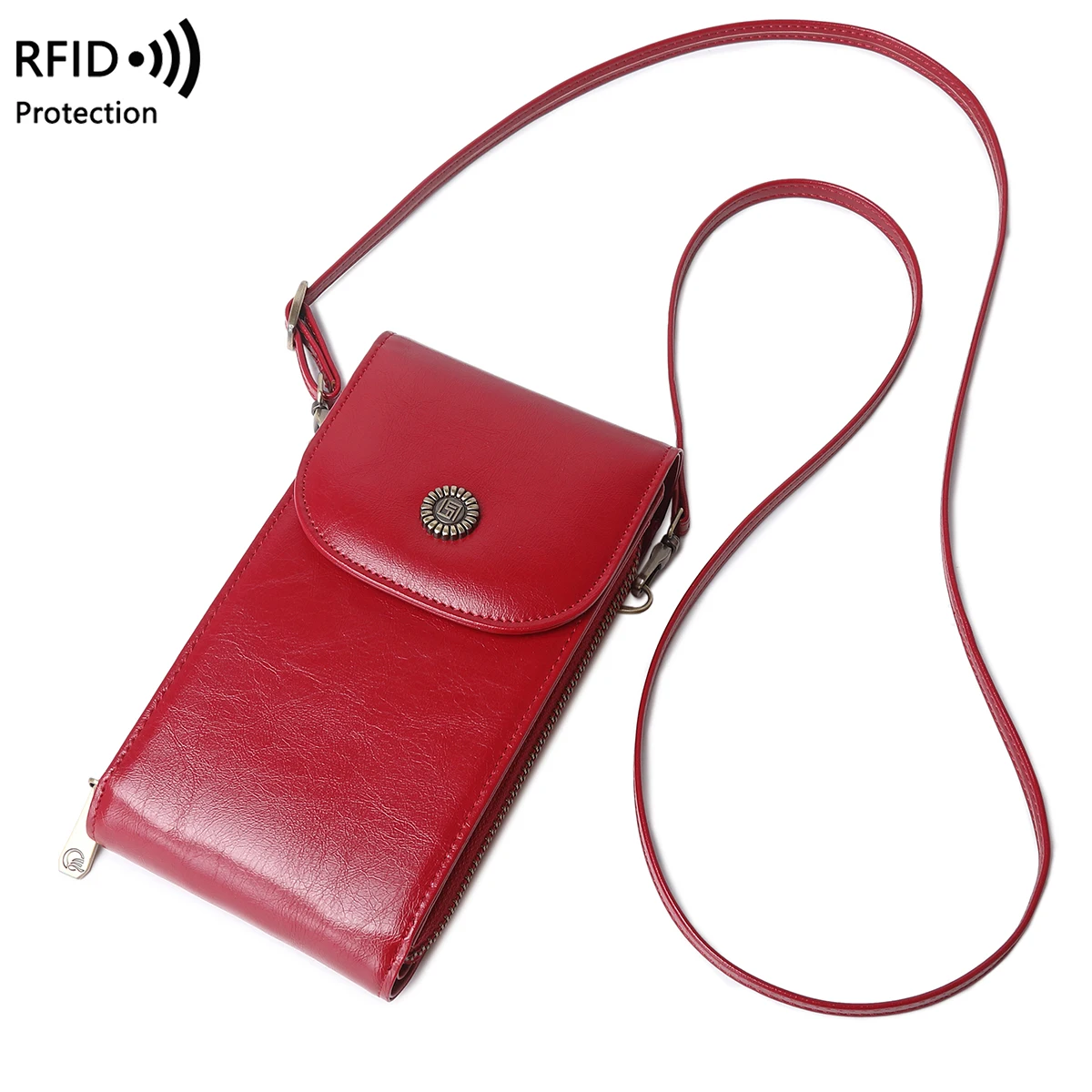 Retro Oil Wax Leather Mobile Phone Bag, RFID, Anti-theft, Brush, Vertical Shoulder Bag, Fashion Crossbody Wallet 5