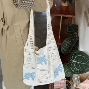 Turtle Korean Style Hollow Woven Bag Trendy Large Capacity Crochet Tote Bag Lightweight Embroidered Knitting Handbag Beach 1