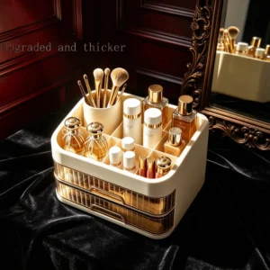 Clear Transparent 2-Drawer Makeup Organizer, Light Luxury Drawer-Style Desktop Storage Cabinet, Multi-Layer Cosmetic Box for Skincare and Jewelry, Modern Dressing Table Storage Organizer, Space Saving for Bedroom Bathroom Vanity 1