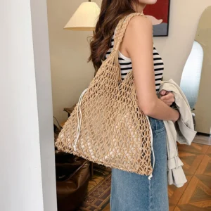 Summer Woven Bag for Women Handbags Handmade Knitted Beach Boho Shoulder Bag Large Tote Bag Hollow Out Shopping Bag 1