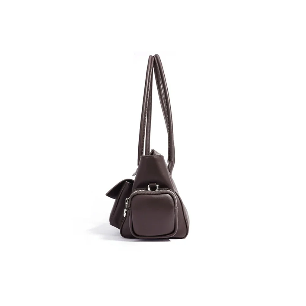 Motorcycle Style Multiple Pockets Design Large Tote Glossy Split Cow Leather Women Handbag Vintage Shoulder Bag Long Handle 3