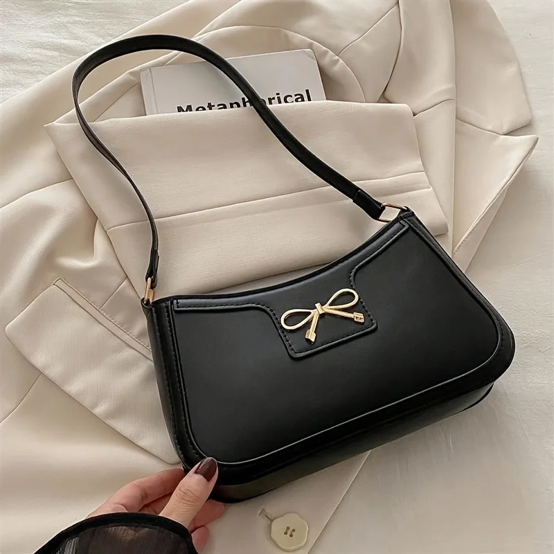 Chic Black Crescent Shoulder Bag for Women Elegant Underarm Purse with GoldenTone Bow Detail Polyester Lined Stylish PU Tote Bag 2