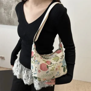New Women Lady Bag Fashion Vintage Winter Versatile Literary Prints Cloth Crescent Pack Texture Temperament Crossbody Shoulder 1
