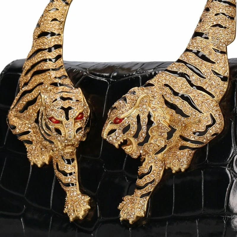 Roar Croc Embossed Handbag Women Genuine Crocodile Scale-effect Leather Signature Tiger Motif Crystal Embellishment Shoulder Bag 6