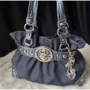 Luxury Women Rivet Handbag,Y2k Girls Metal Studded Underarm Shoulder Bag,Niche Belt Buckle Commuter Chic East-West Tote Bag 1