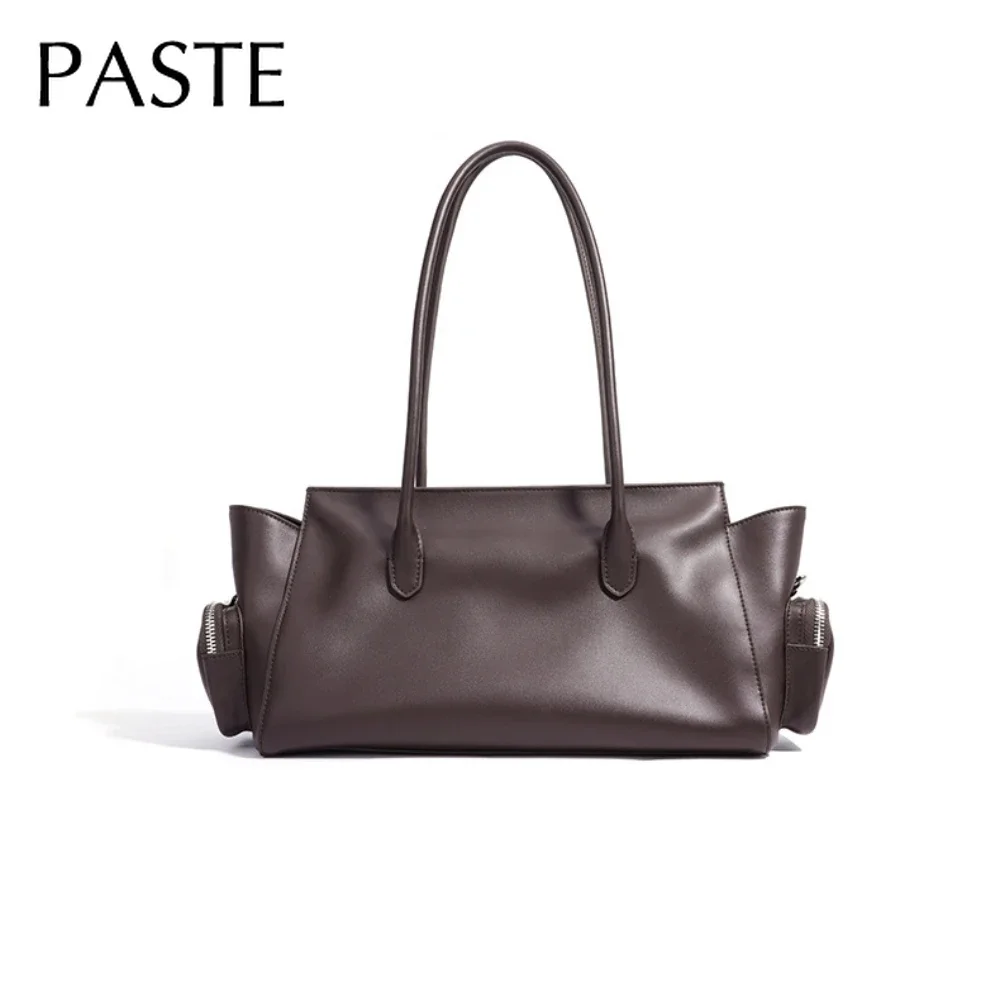 Motorcycle Style Multiple Pockets Design Large Tote Glossy Split Cow Leather Women Handbag Vintage Shoulder Bag Long Handle 4