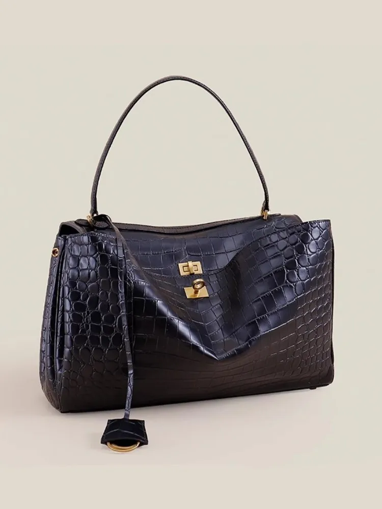 Office Ladies Elegant Black Single Shoulder Bag Cowskin Genuine Leathe Tote Handbag Hasp Designer Fashion Women Messenger Bag 3