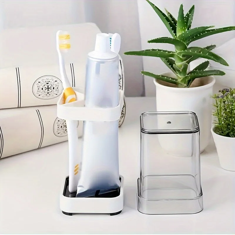 1 Toothbrush Holder with Mouthwash Cup, Couple Toothbrush Organizer Storage Box, Minimalist Bathroom Mug Set, Dust Drainage 6