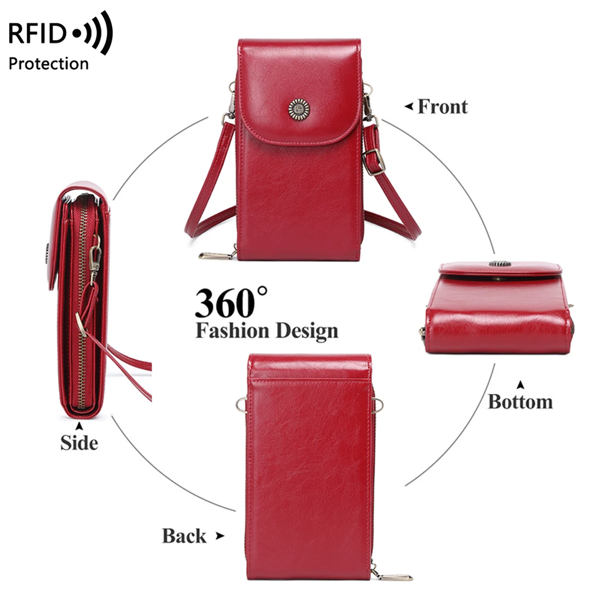 Retro Oil Wax Leather Mobile Phone Bag, RFID, Anti-theft, Brush, Vertical Shoulder Bag, Fashion Crossbody Wallet 6