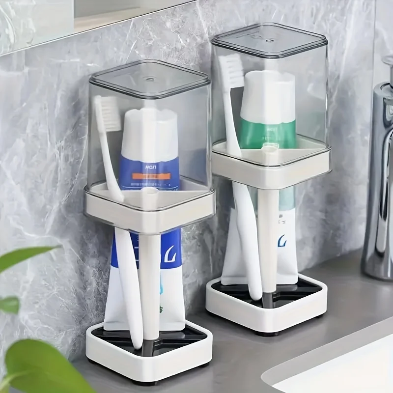 1 Toothbrush Holder with Mouthwash Cup, Couple Toothbrush Organizer Storage Box, Minimalist Bathroom Mug Set, Dust Drainage 3