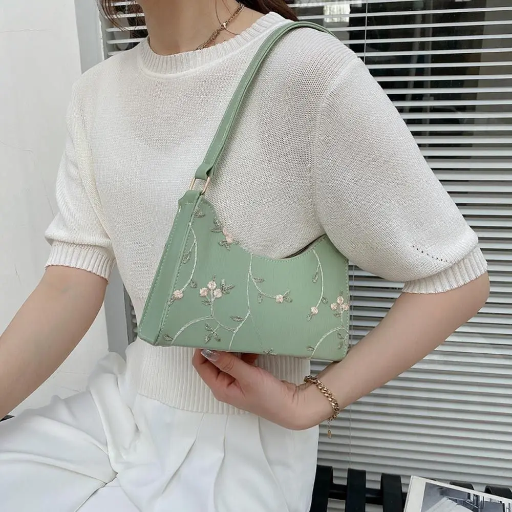 All-match Elegant Flower PU Leather For Girls Embroidery Korean Handbag Shoulder Bags Women Underarm Bag Mini Messenger Bags 3