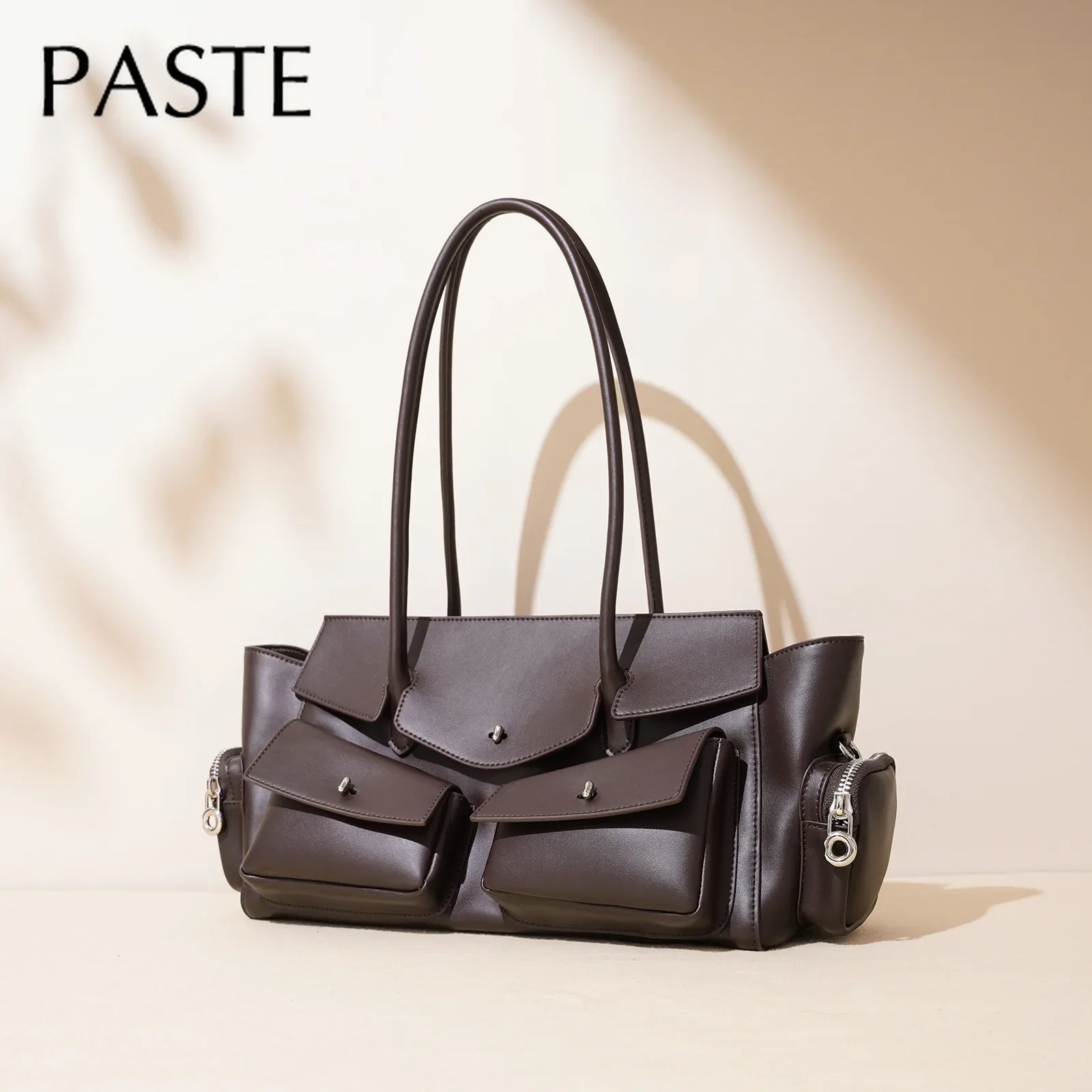 Motorcycle Style Multiple Pockets Design Large Tote Glossy Split Cow Leather Women Handbag Vintage Shoulder Bag Long Handle 2