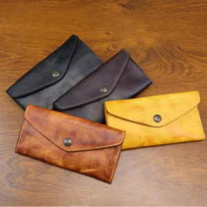 Hand Distressed Vegetable Tanned Leather Men's Long Wallet Large Capacity Clasp Closure Phone Clutch Bag for Women 100% Leather 1