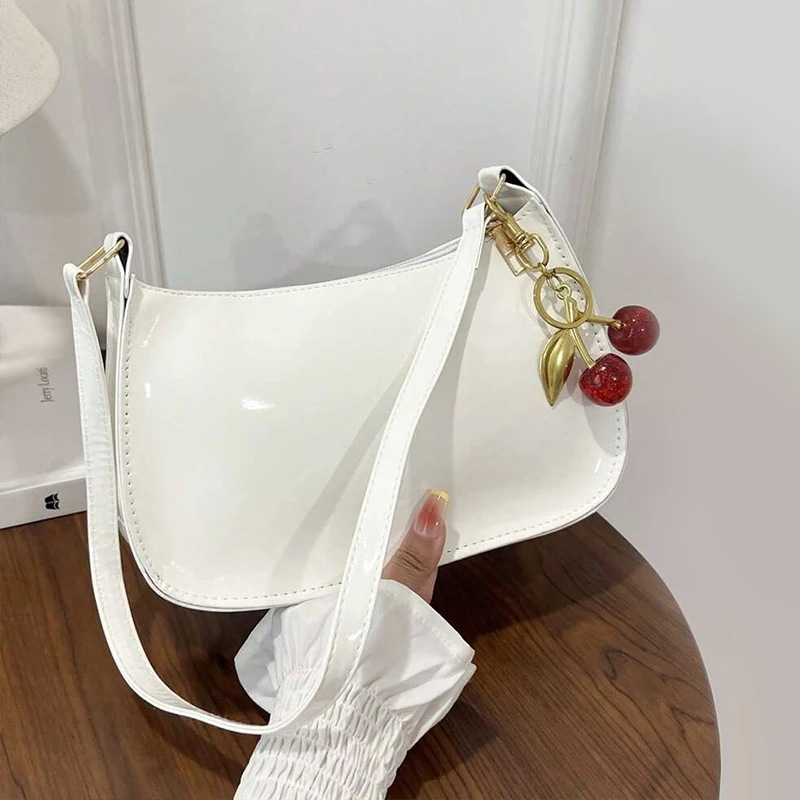 Women's PU Leather Handbag Versatile Fashion Solid Color Cherry Pendant Shoulder Bag Casual Commuting Bag Girl Underarm Bag 5