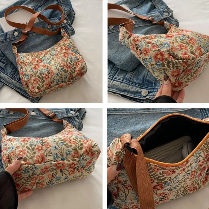 Fashion Vintage Winter New Women Lady Bag Versatile Literary Prints Cloth Crescent Pack Texture Temperament Crossbody Shoulder 3