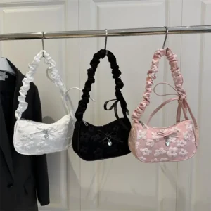 Bow Floral Print Pleated Crescent Bag Women Sweet Shoulder Crossbody Bag Fashion Commuter Handbag 1