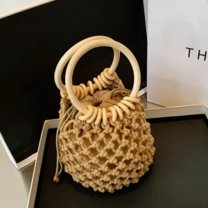 Portable Weaving Straw Woven Handbag Elegant Handmade Bucket Tote Bag Korean Style Niche Design Woven Beach Bag Vacation 1
