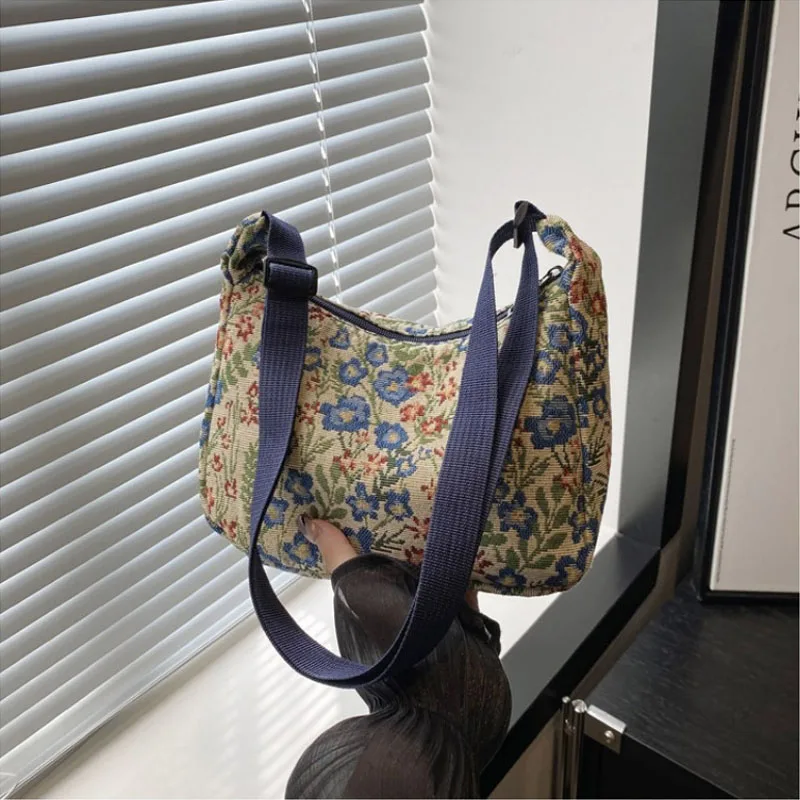 Fashion Vintage Winter New Women Lady Bag Versatile Literary Prints Cloth Crescent Pack Texture Temperament Crossbody Shoulder 4