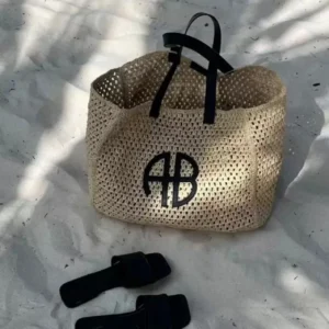 Large Capacity AB Letter Straw Woven Tote Bag Beach Vacation Ladies Stripe RIO City Simple Style Casual Travel Handbag 1