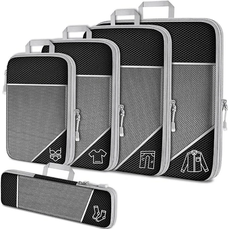 5PCS Travel Compressed Packing Cubes Storage Organizer Set With Shoe Bag Mesh Visual Luggage Portable Lightweight Suitcase Bag 2