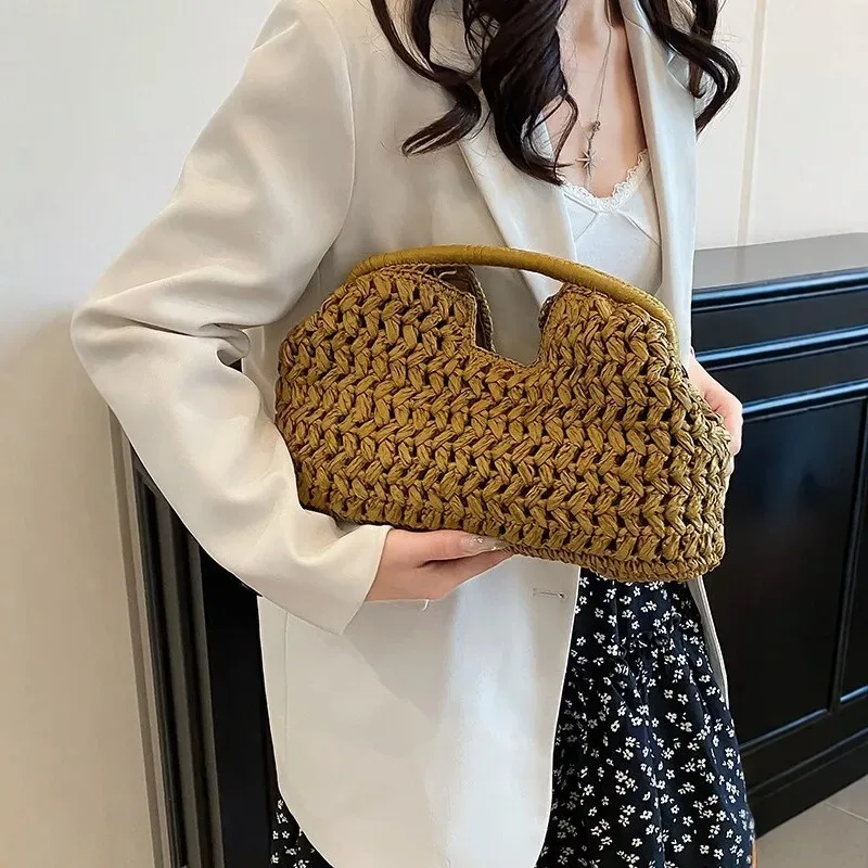 New Summer Beach Bags for Women Clutch Bag Luxury Designer Straw Bags Tote Handbag Fashion Woven Rattan Bags Female Travel Purse 2