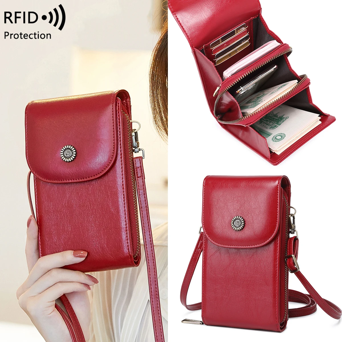 Retro Oil Wax Leather Mobile Phone Bag, RFID, Anti-theft, Brush, Vertical Shoulder Bag, Fashion Crossbody Wallet 3