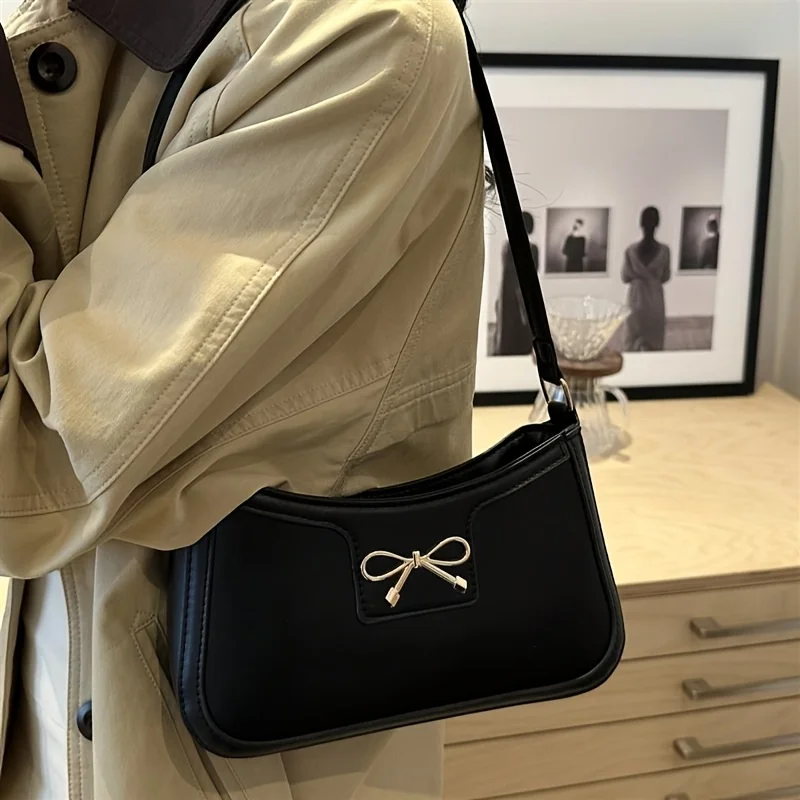 Chic Black Crescent Shoulder Bag for Women Elegant Underarm Purse with GoldenTone Bow Detail Polyester Lined Stylish PU Tote Bag 3