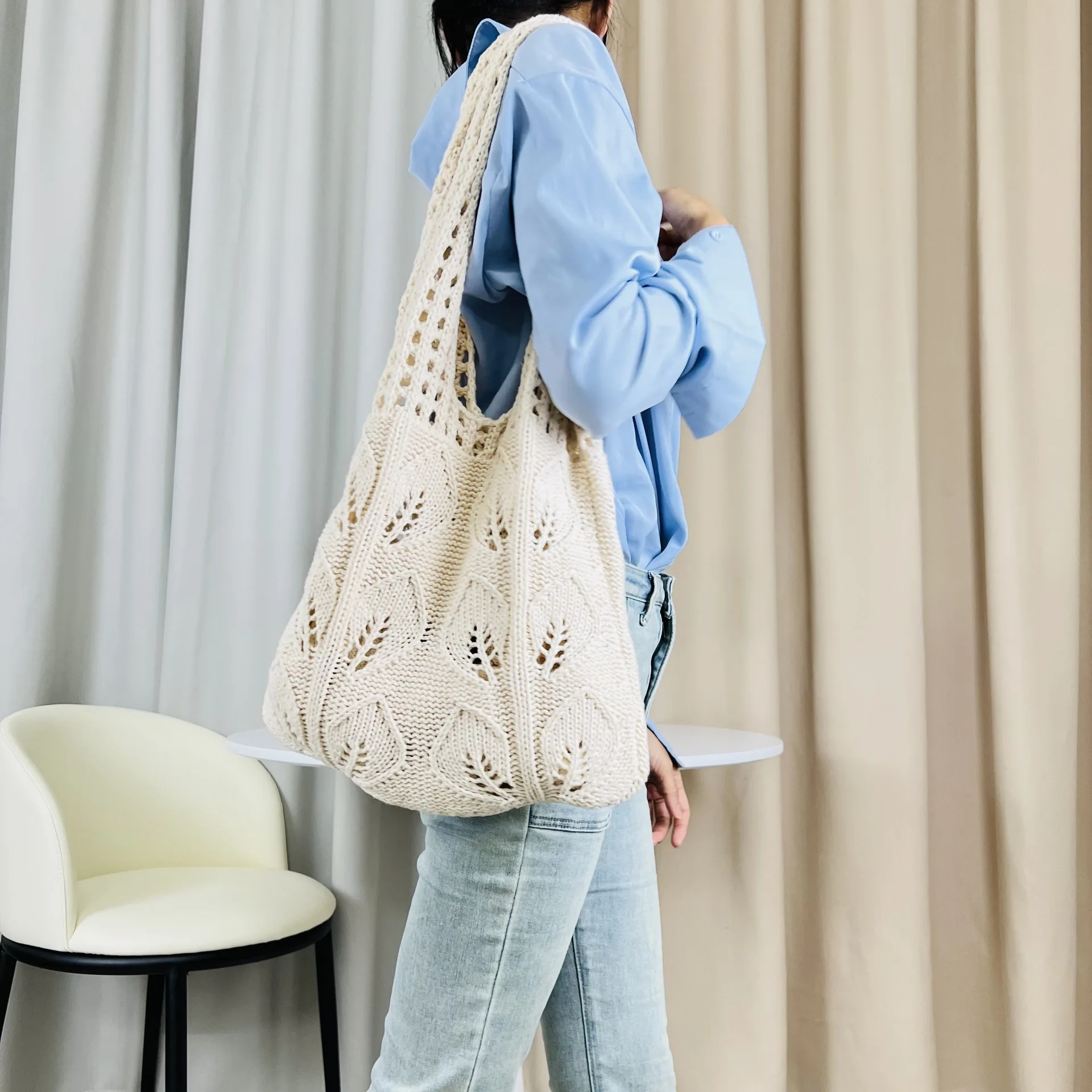 Knitted Handbags Beach Bags Lightweight Students Shoulder Casual Tote Female Style Shopping Woven Bags For Women Girls 2