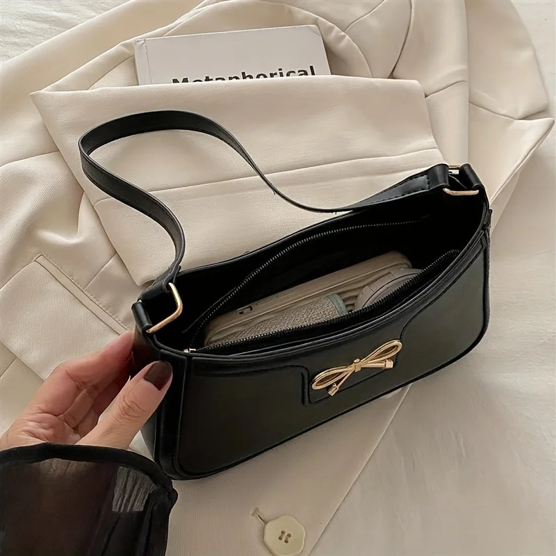 Chic Black Crescent Shoulder Bag for Women Elegant Underarm Purse with GoldenTone Bow Detail Polyester Lined Stylish PU Tote Bag 5