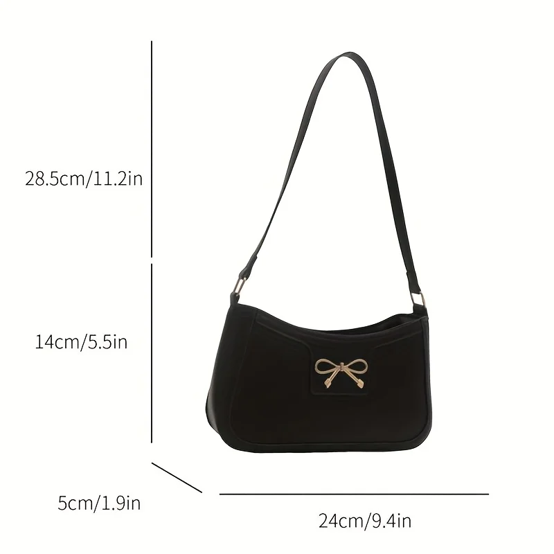 Chic Black Crescent Shoulder Bag for Women Elegant Underarm Purse with GoldenTone Bow Detail Polyester Lined Stylish PU Tote Bag 4