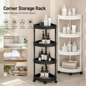 1 Pcs 4 Tier Foldable Corner Shelf Storage Rack Space Saver Organizer Shelves with Wheels for Bathroom Kitchen Living Room Home 1