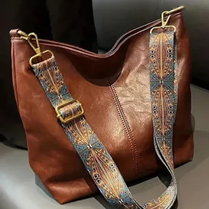 PU Leather Vintage Solid Color Women Fashion Shoulder Sling Bag High-Capacity Simple Adjustable Wide Strap Bucket Crossbody Bags 1