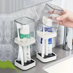 1 Toothbrush Holder with Mouthwash Cup, Couple Toothbrush Organizer Storage Box, Minimalist Bathroom Mug Set, Dust Drainage 1