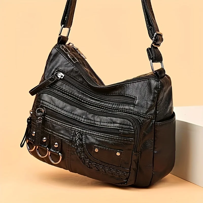 Vintage PU Crossbody Bag, Retro Multi Layer Shoulder Bag, Women's Fashion Handbag & Purse, Female Work Travel Messenger Bag 2