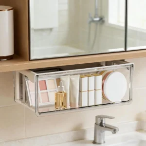 Space Saving Plastic Drawer Style Storage Box Self Adhesive Large Capacity Transparent Organizer for Makeup Kitchen Office 1